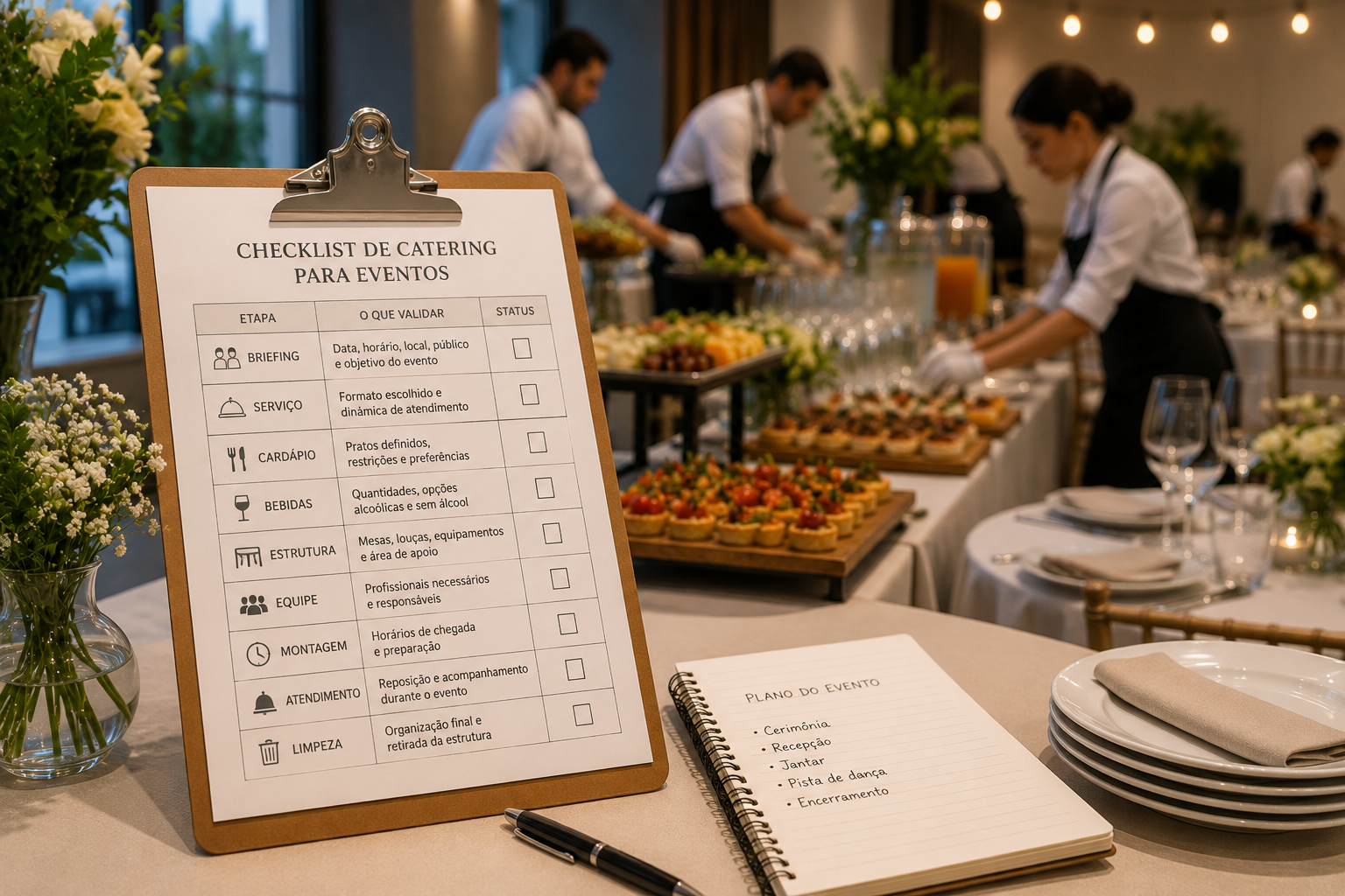 checklist em cima da mesa para catering de eventos